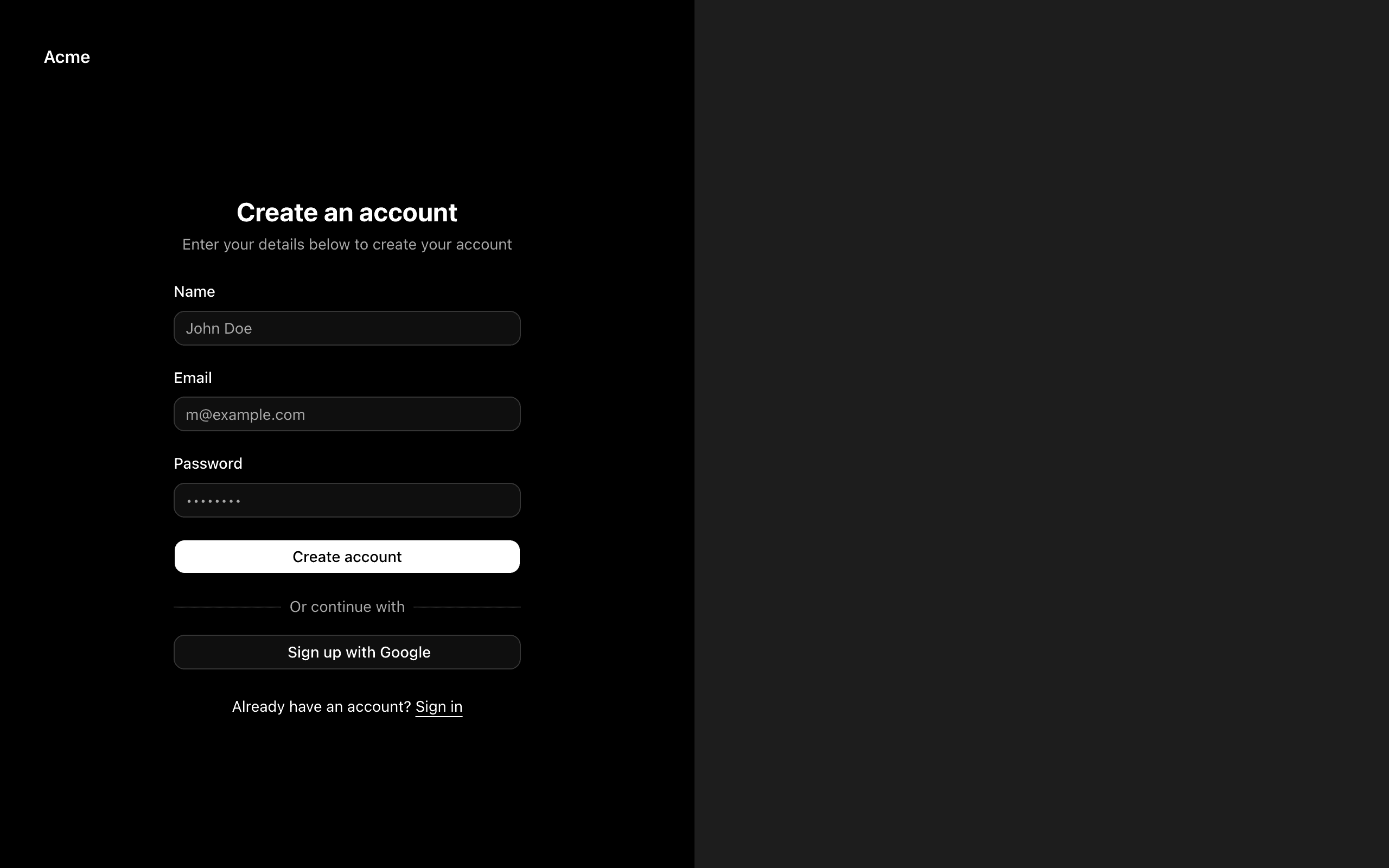 Sign up page